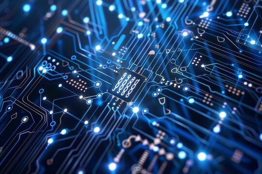 A close up of a circuit board with a blue background
