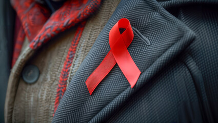 vivid red ribbon, elegantly pinned to a suit jacket, takes stage in this close-up,symbolizing support for HIV/AIDS awareness and making a bold statement against the backdrop of the tailored attire