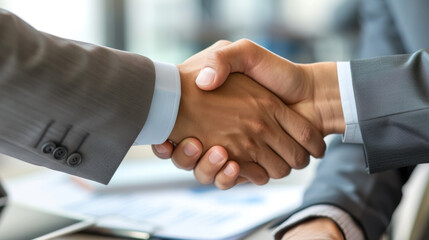Two individuals in professional attire engage in a firm handshake, sealing an agreement or partnership.