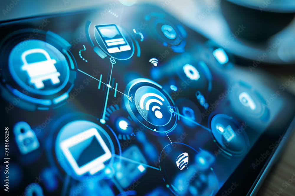 Poster a computer screen with a car and wifi icons on it