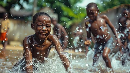 Happy African children having fun in the rain.