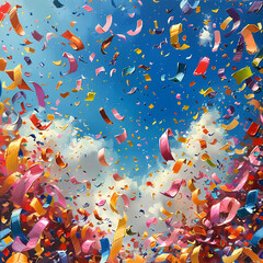 Festive Confetti Explosion in Vibrant Colors Against Clear Sky