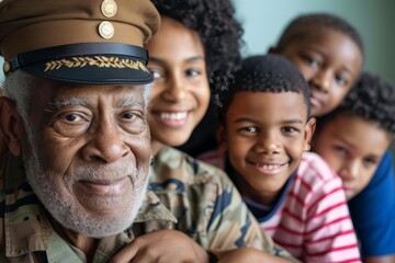 A multi-generational family portrait including a veteran, showcasing diverse ages and ethnic backgrounds in a unified family.