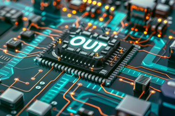 A computer chip with the word out on it