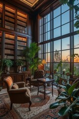 A cozy, stylish modern library with large floor-to-ceiling windows and tall cabinets full of a variety of books. Hobby, leisure and education concept	
