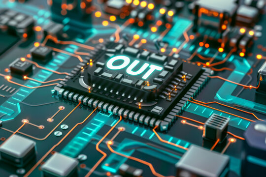 A computer chip with the word out on it
