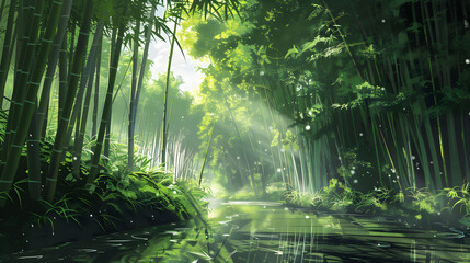 Bamboo forest with towering trees and tranquil water feature,,
tropical forest with a stream and lots of plants Free Video

