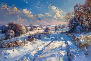 An oil painting style landscape of the English countryside in snow - 738165027