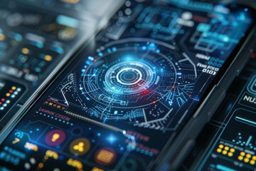Fototapeta premium A phone with a futuristic display that says ' nu ' on it