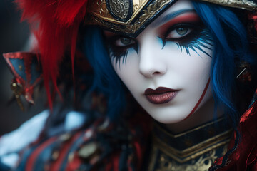 Generative ai digital image collage of nerd girl dressed make up anime warrior princess