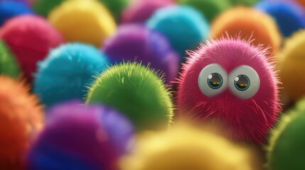 Colorful fluffy spheres with eyes