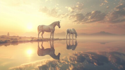 Litecoin unicorns in a serene landscape