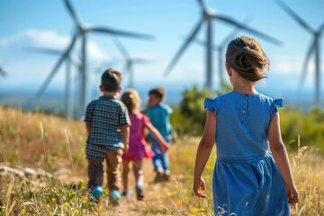 A group of children on a meadow with wind turbines - 738165444