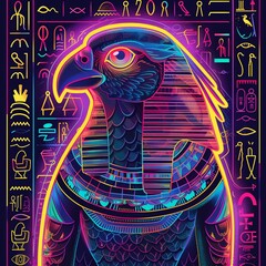 Craft an eye catching artwork showing the Egyptian god Horus the god of the sky and kingship adorned with neon hieroglyphs