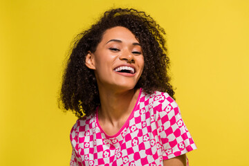 Photo of positive pretty lady toothy smile laugh have good mood isolated on vibrant yellow color...