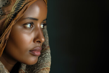 Thoughtful African Woman in Traditional Headscarf with a Pensive Gaze