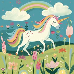 A unicorn prancing in a field with rainbow colored flowers