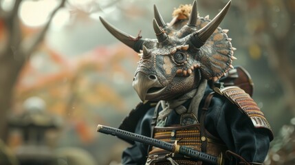 A humorous scene depicting a Triceratops as a formidable samurai warrior - obrazy, fototapety, plakaty