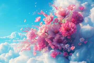 Fototapeta na wymiar bunch of various pink flowers is flying on a cloud in the blue sky. Romantic spring concept. Generative AI