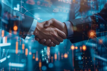Two business professionals shaking hands forming a network of connections with a backdrop of stock market graphs and global economic symbols illustrating trust and partnership
