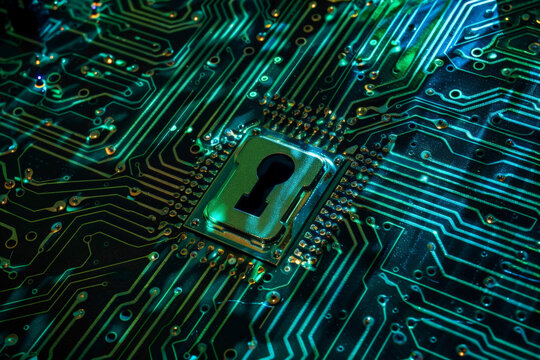 A close up of a circuit board with a keyhole in the middle