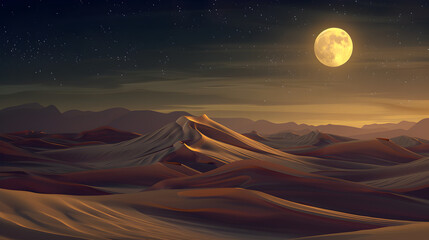 Desert sand dunes at night with full moon,,
Moon ground with sunset desert.Pro Photo

