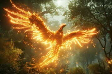 Glowing phoenix surrounded by a flourishing magical forest - obrazy, fototapety, plakaty