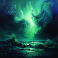 Mystic Aurora Borealis Over Turbulent Ocean Waves