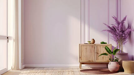 Modern bright interior in beige and purple tones with wooden furniture and house plant in ceramic vase. Empty wall with copy space.