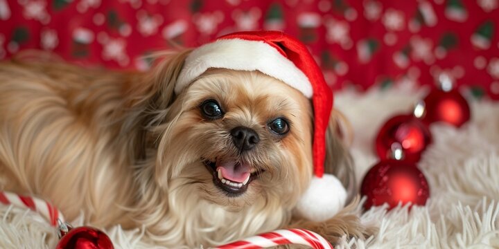  Adorable Shih Tzu in Santa Hat Under Decorated Christmas Tree