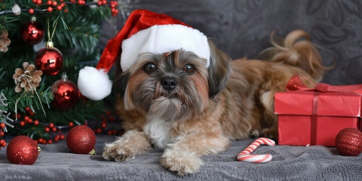  Adorable Shih Tzu in Santa Hat Under Decorated Christmas Tree