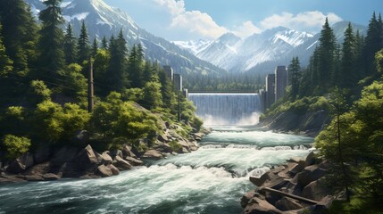 The steady flow of water from a hydroelectric dam blends with the tranquil beauty of forested mountains, symbolizing sustainable energy practices.