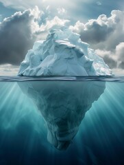 A majestic iceberg stands tall in the arctic ocean, surrounded by clouds and melting into the sea, a breathtaking display of nature's beauty and fragility