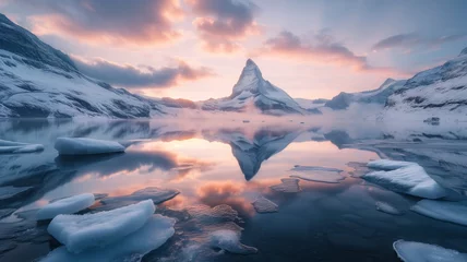 Photo sur Plexiglas Rose clair The tranquil arctic sea reflects the fiery sunset, as icebergs and mountains stand tall in the frozen landscape of this glacial lake