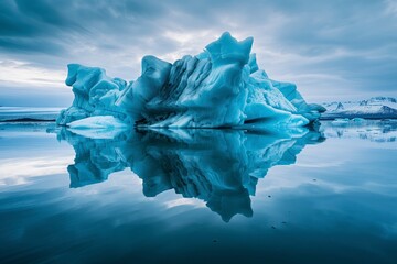 Obraz premium A majestic iceberg stands tall in the arctic ocean, surrounded by clouds and melting under the warm sun, a reminder of the fragility of nature and the effects of climate change on our planet