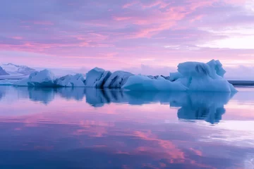 Papier Peint photo autocollant Violet A serene and surreal scene of nature's power and fragility, as melting glaciers form icebergs in a glacial lake against a pastel pink sky, reflecting the beauty of the arctic landscape