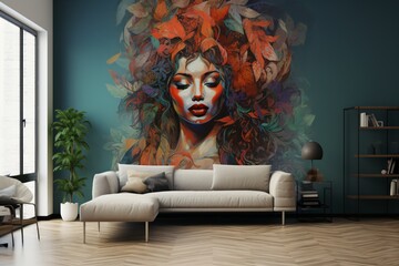 living room with woman wall art