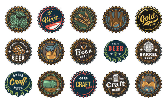 Beer Set of Retro Vintage Beer Badges and Labels for the Design of Brewed in a Craft Brewery. Collection of Premium Quality Beer and Brewery Logos for Pubs and Bars. Beer Cap or Metal Cork