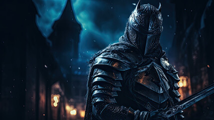 Fototapeta na wymiar Scary warrior Knight With sword at night