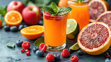 refreshing summer cocktail, lemonade with fruits and berries in glass