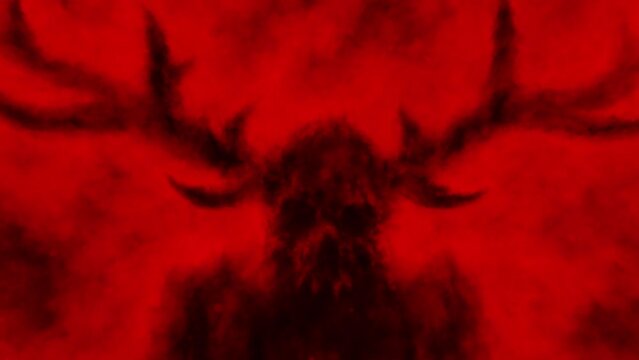 Scary deer demon. Spooky 2d animation for Halloween. Bloody skull with deer antlers in fog. Horror fantasy devilish mask. Gloomy horned monster face. Vj loop video clip. Black and red background.