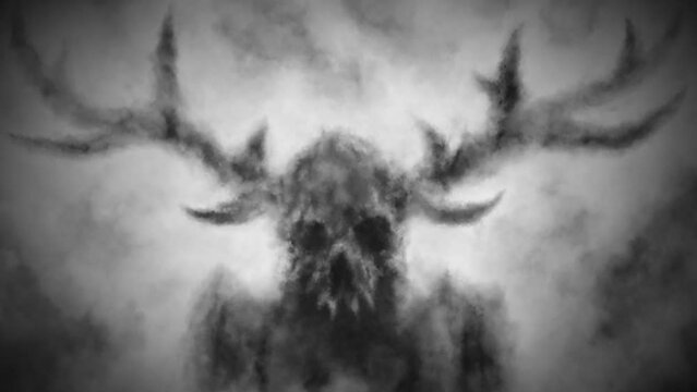 Creepy skull with deer antlers in fog. Scary deer demon. Spooky 2d animation for Halloween. Horror fantasy devilish mask. Gloomy horned monster face. Vj loop video clip. Black and white background.