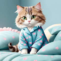 Cute kitty in pink and aqua blue pajamas in bed