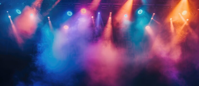 Colorful spotlights and smoke create an atmospheric concert or theater stage.