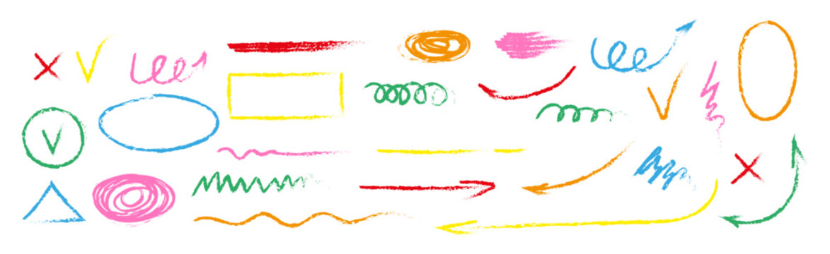 Crayon arrow, strike through underlines set vector. Chalk arrow, rectangle, line brush