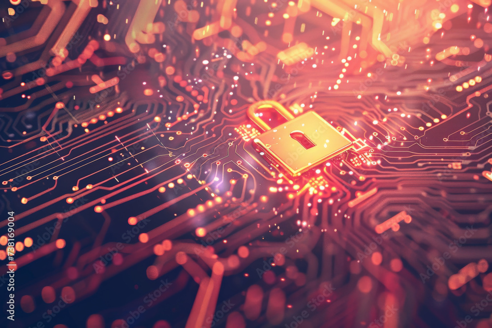 Poster a computer circuit board with a padlock on it
