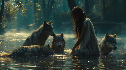 Girl with wolves in the wild.