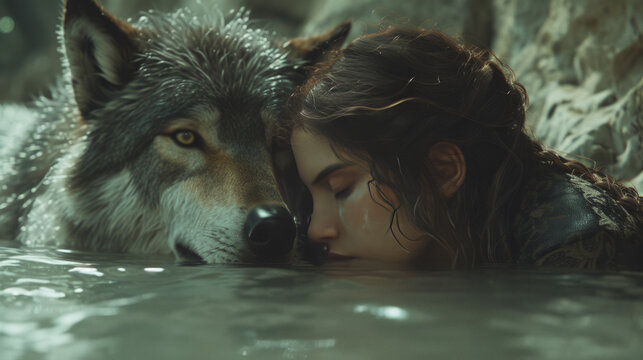 Girl with wolves in the wild.