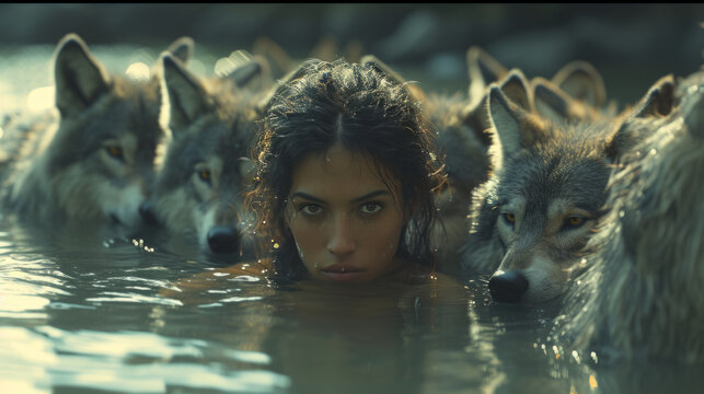 Girl with wolves in the wild.