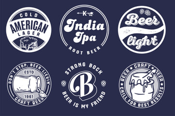 Fototapeta na wymiar Beer Set of Retro Vintage Beer Badges and Labels for the Design of Brewed Beer in a Craft Brewery. Collection of Premium Quality Beer and Brewery Logos for Pubs and Bars